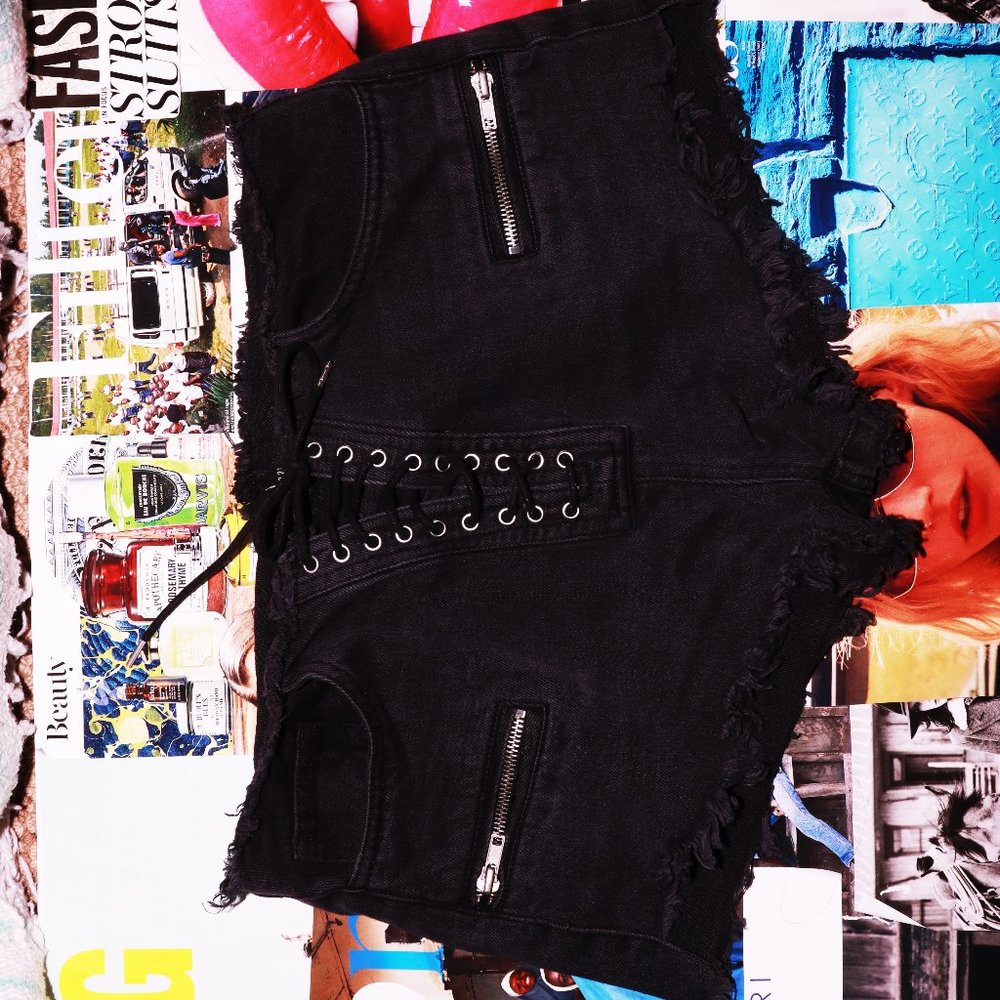 Tie-Up Black Denim Shorts